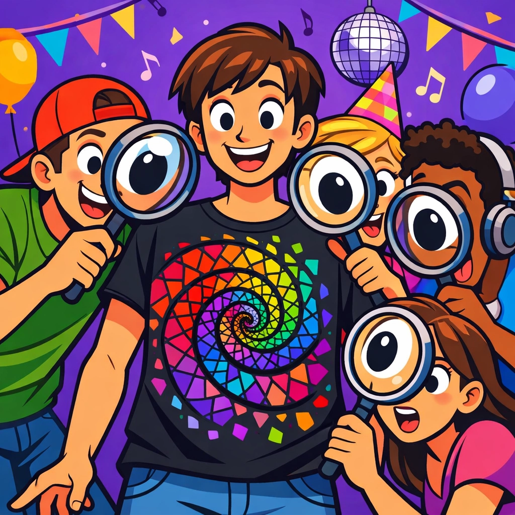 Friends using magnifying glasses to read a funny Pi Day t-shirt with an intricate mathematical spiral design.