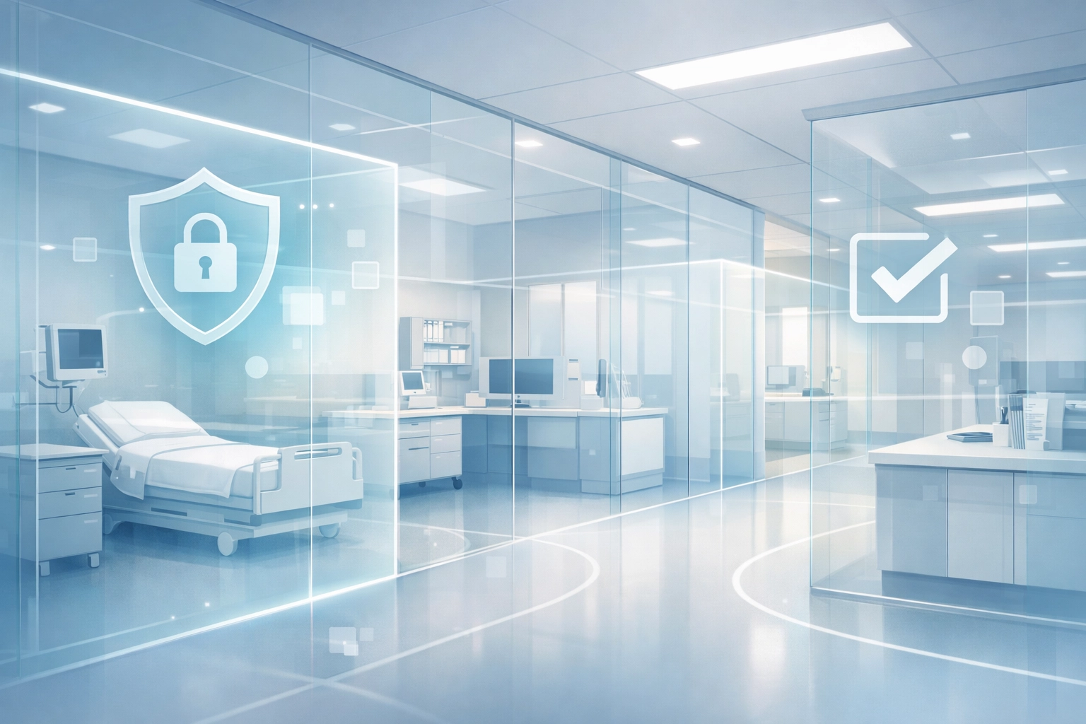 HIPAA-compliant hospital facility interior with secure zones for video tour filming