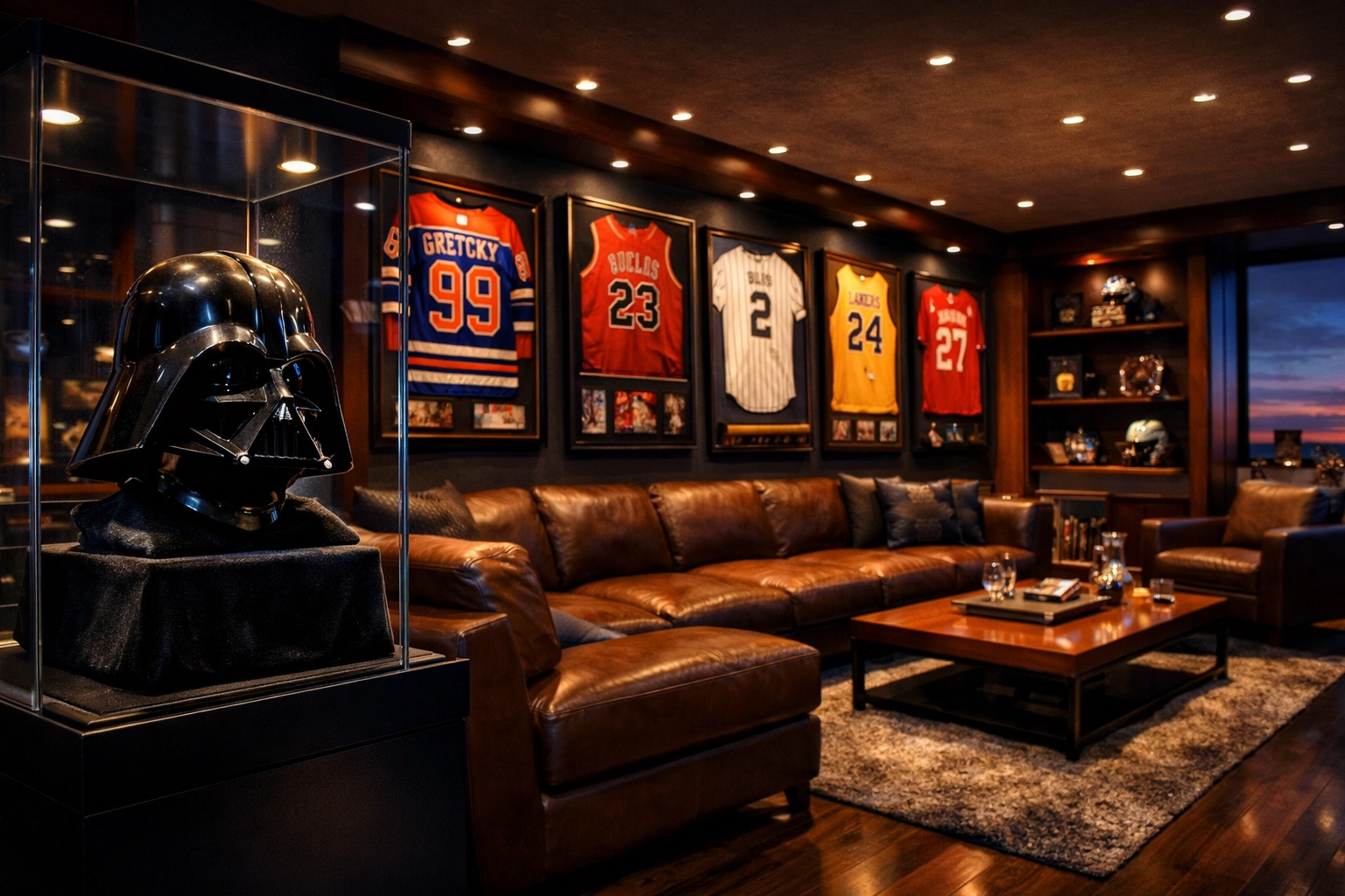 Luxury fan cave display with professionally framed autographed jerseys and rare sports memorabilia.