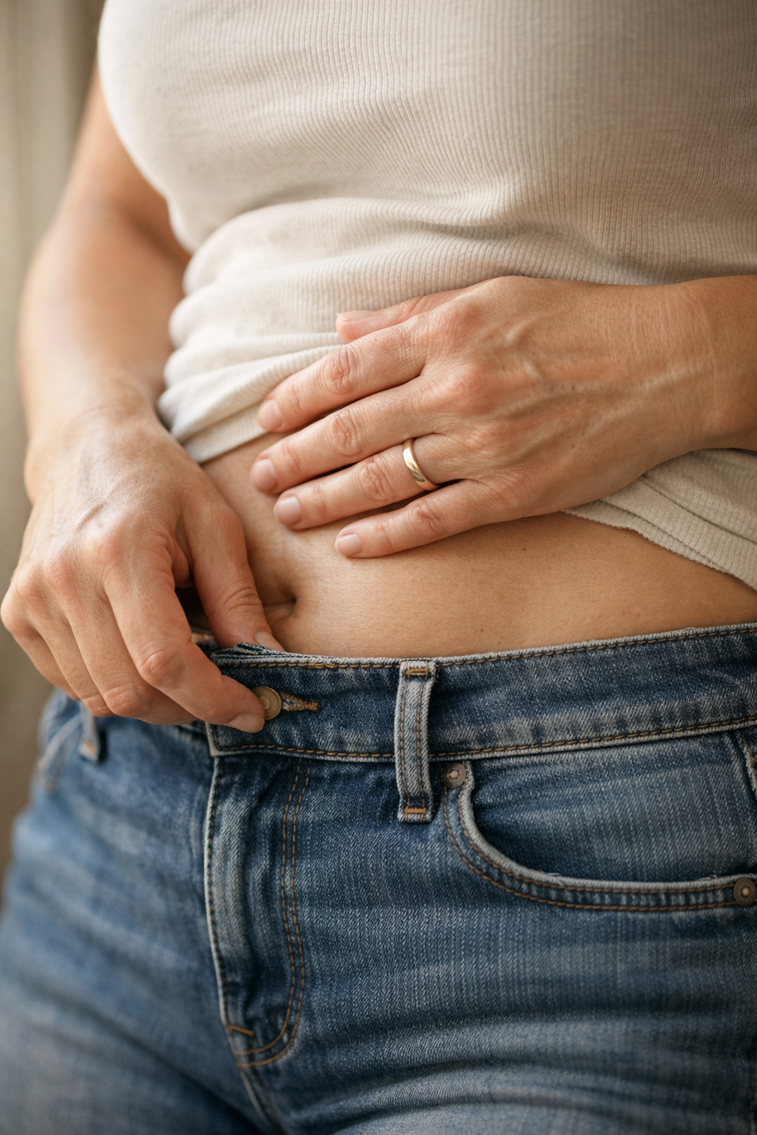 A woman in her 40s feeling her waistband, reflecting on perimenopause weight gain despite exercise.