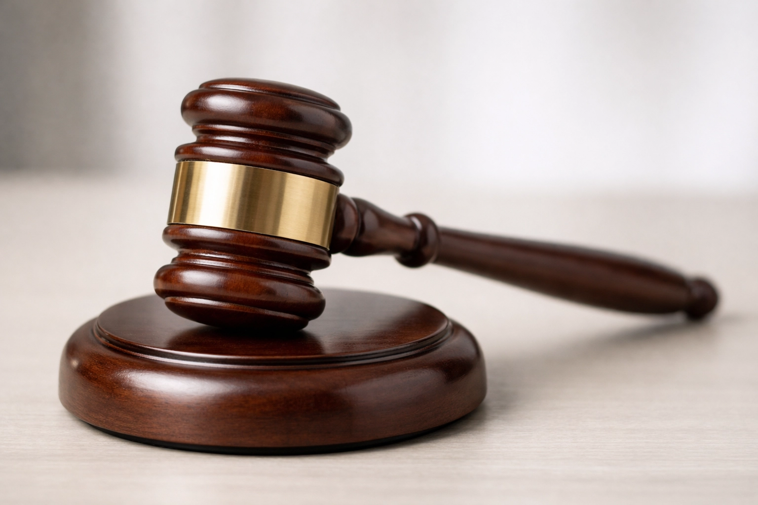 Judge gavel resting on a sound block on a clean desk
