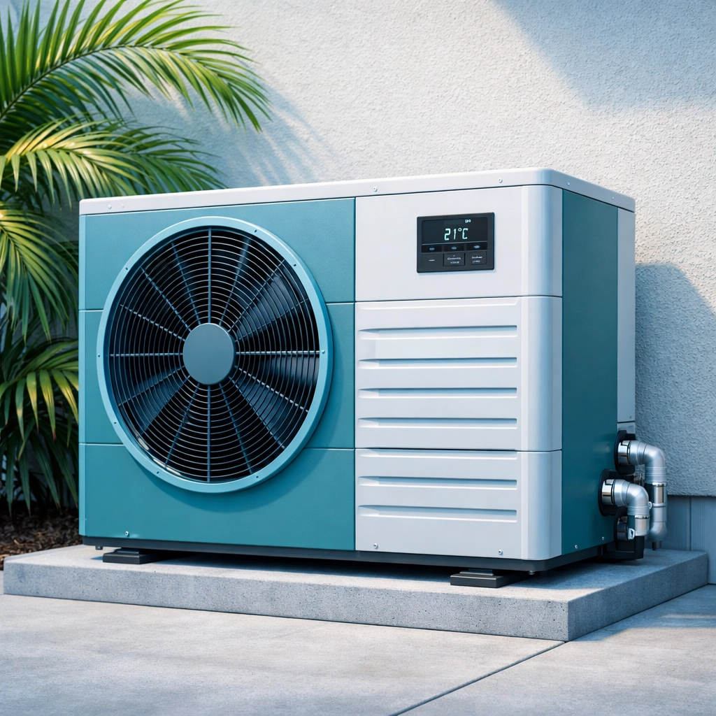 Modern energy-efficient heat pump installation on a concrete pad next to a Florida residential home.