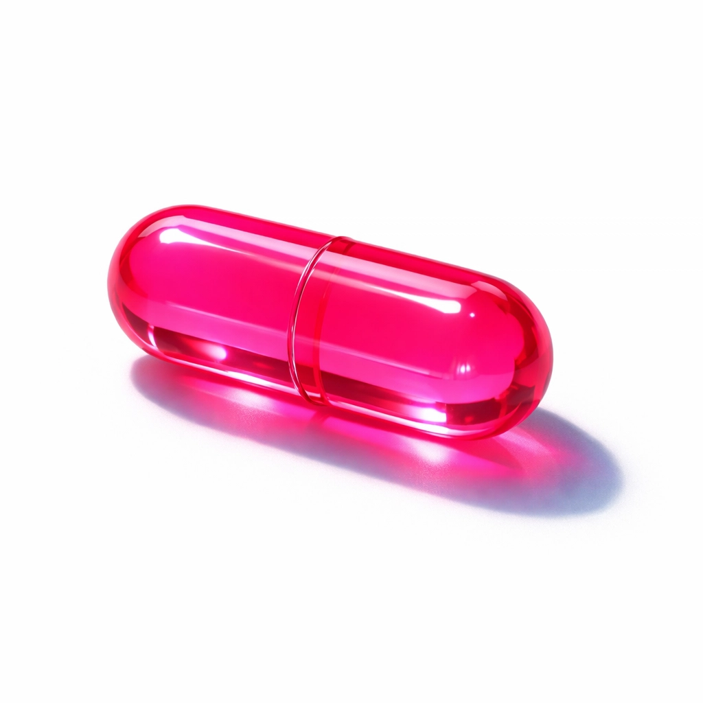 A bright pink capsule pill symbolizing technological control in dystopian short stories and novellas.