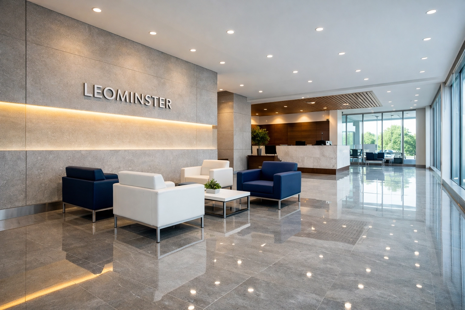 Pristine modern office lobby in Leominster featuring polished floors and professional janitorial services.
