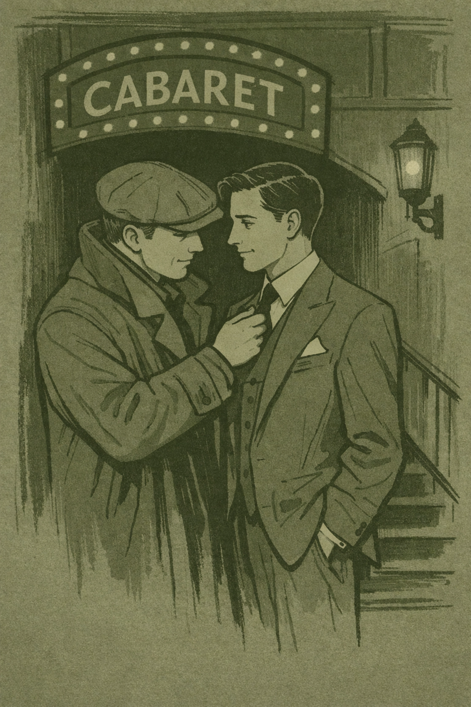 MM historical romance illustration of two men outside a 1920s Soho cabaret club in London.