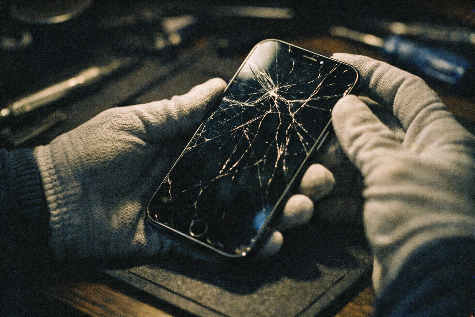 Professional technician examining cracked iPhone screen with precision tools during phone repair in Brooklyn