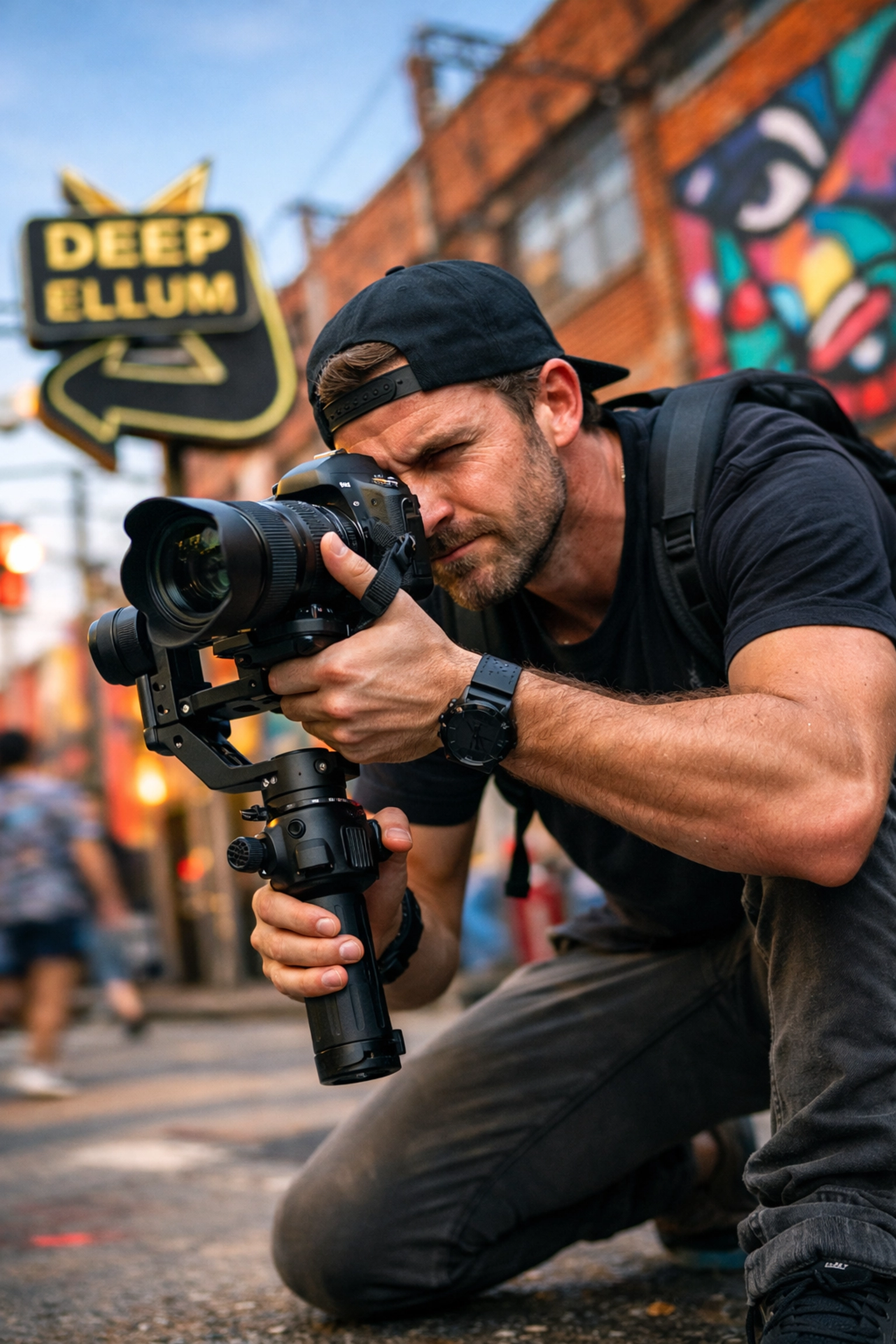 A creative Dallas photographer capturing dynamic shots near colorful murals in the Deep Ellum district.