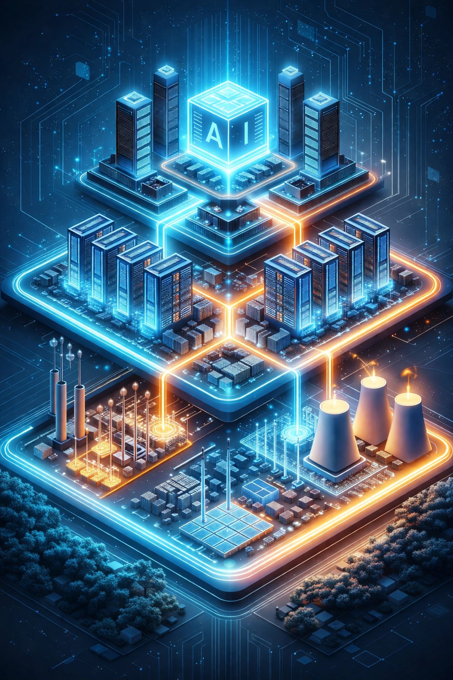 Illustration of AI infrastructure and energy networks representing digital transformation in private equity