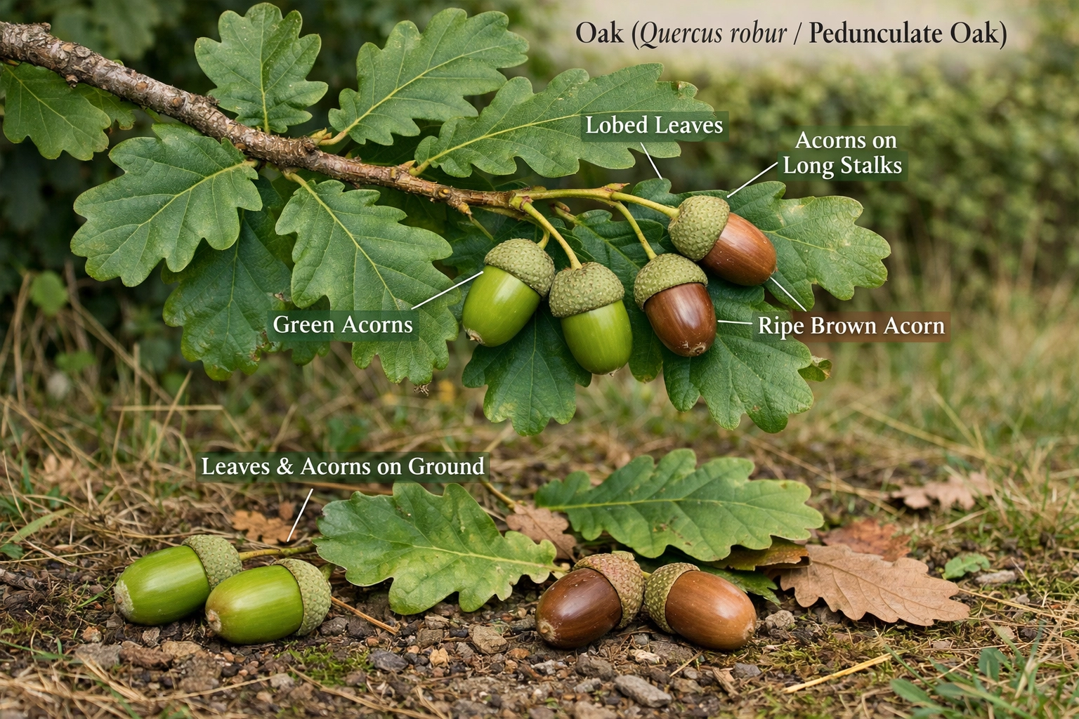Oak leaves and acorns (Quercus species) — lobed leaves and acorns can pose a poisoning risk if eaten.