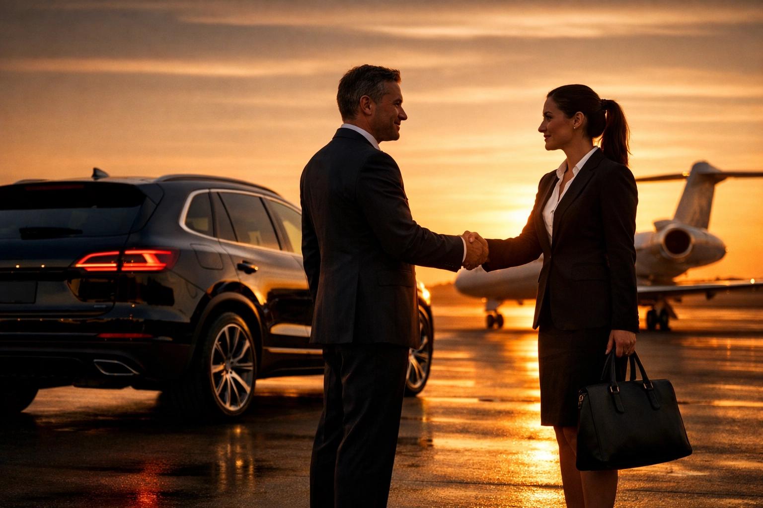 Business professionals shaking hands next to a luxury SUV and private jet after the Super Bowl.