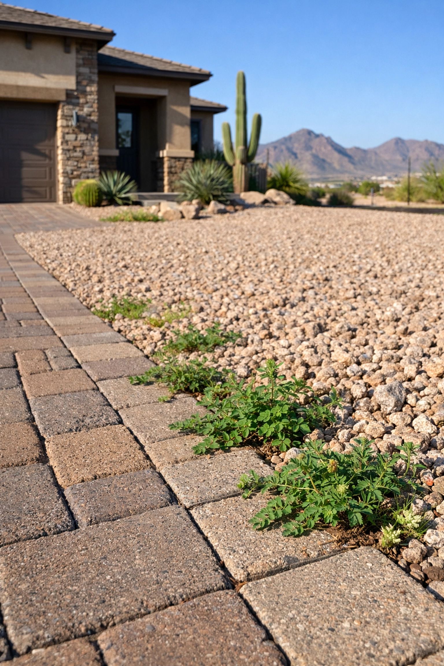 Invasive desert weeds growing through granite rock beds in a Peoria AZ residential yard.