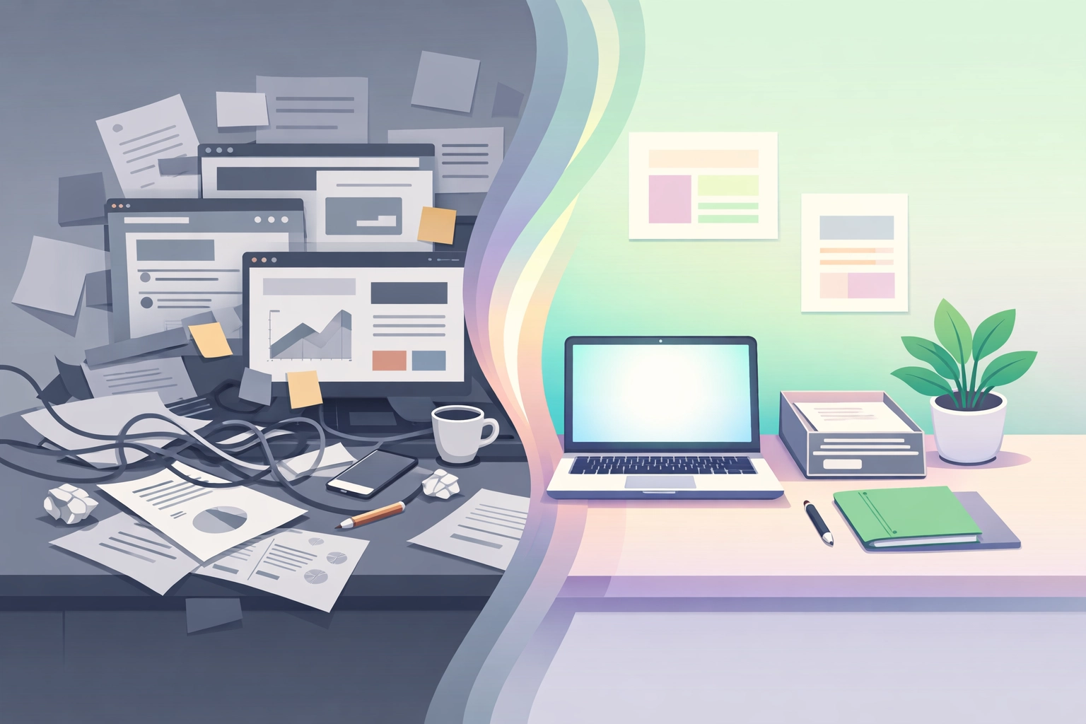 Chaotic multi-tool workspace transforming into organized unified business management system