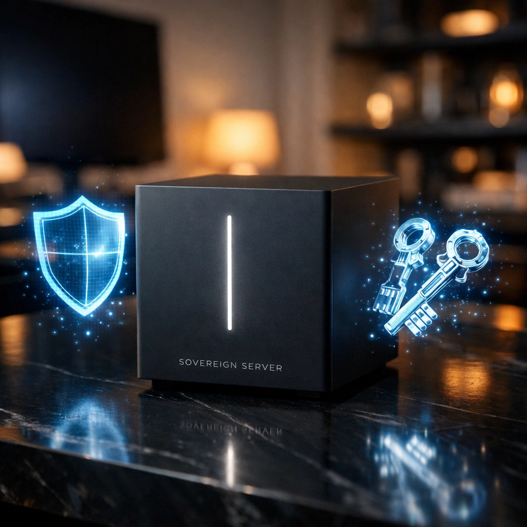 Private sovereign server device with holographic security keys for local data residency.