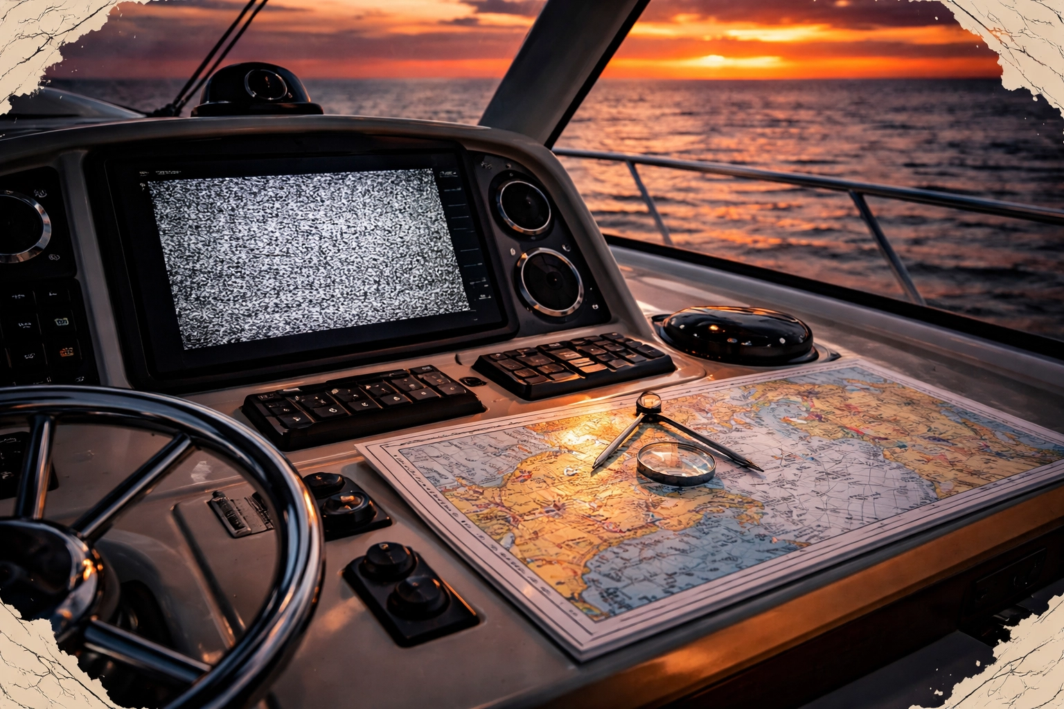 A boat helm at dusk shows a failed GPS and a laminated nautical chart as a reliable backup for safe navigation.