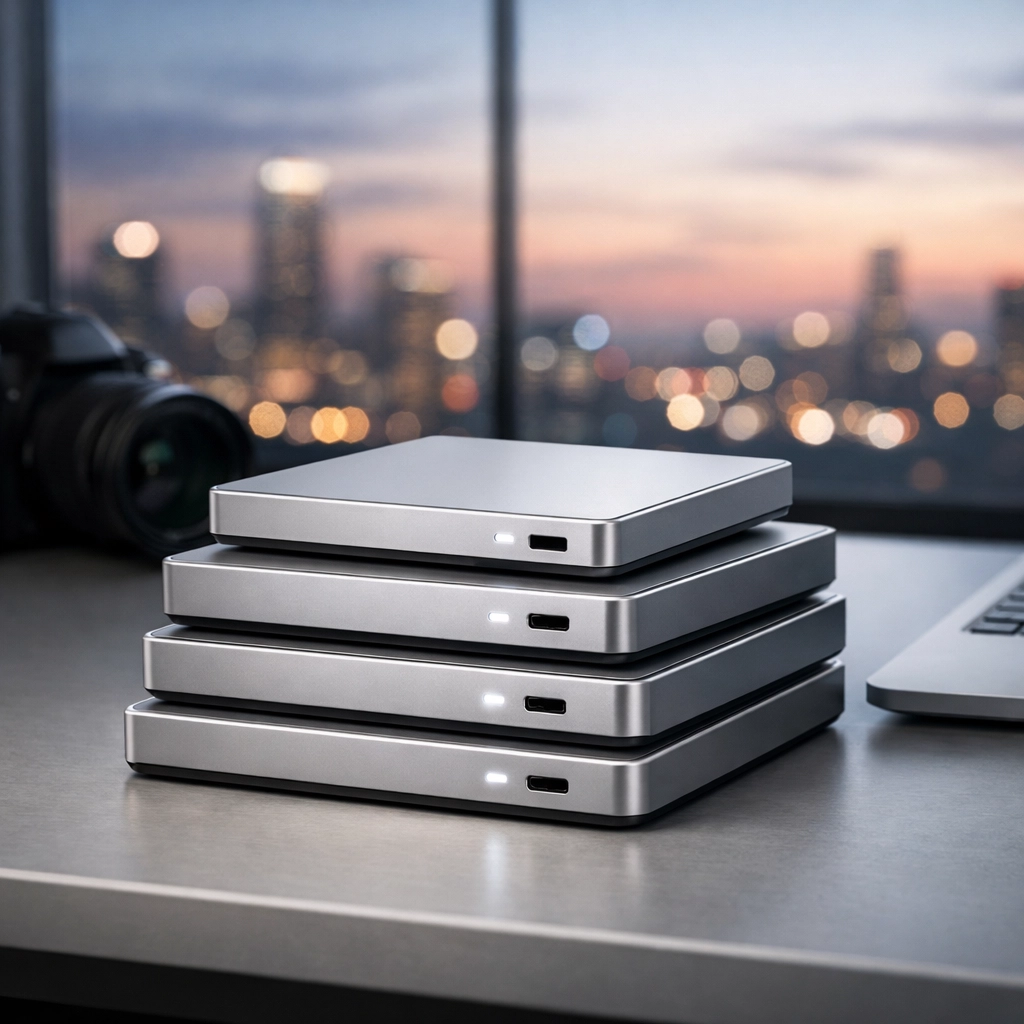 Professional photography storage setup with stacked external hard drives on a minimalist desk.