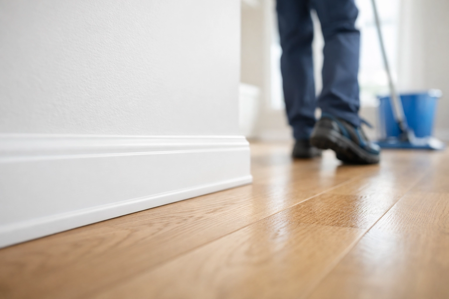 Freshly painted baseboards and hardwood floors in vacant apartment unit