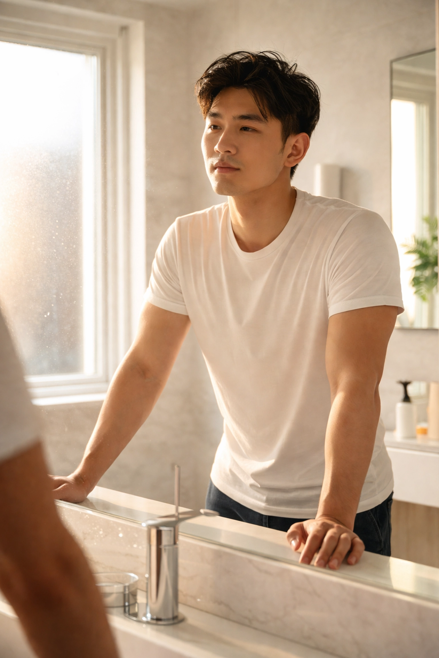 Young Asian man practicing morning grooming routine in a minimalist bathroom, reflecting self-care and confidence.