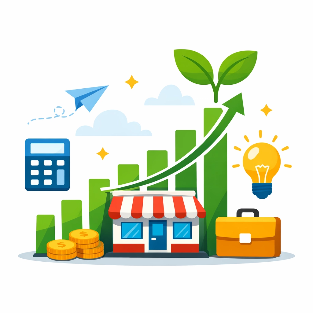 Business growth chart and icons representing how expert tax planning helps small businesses thrive.