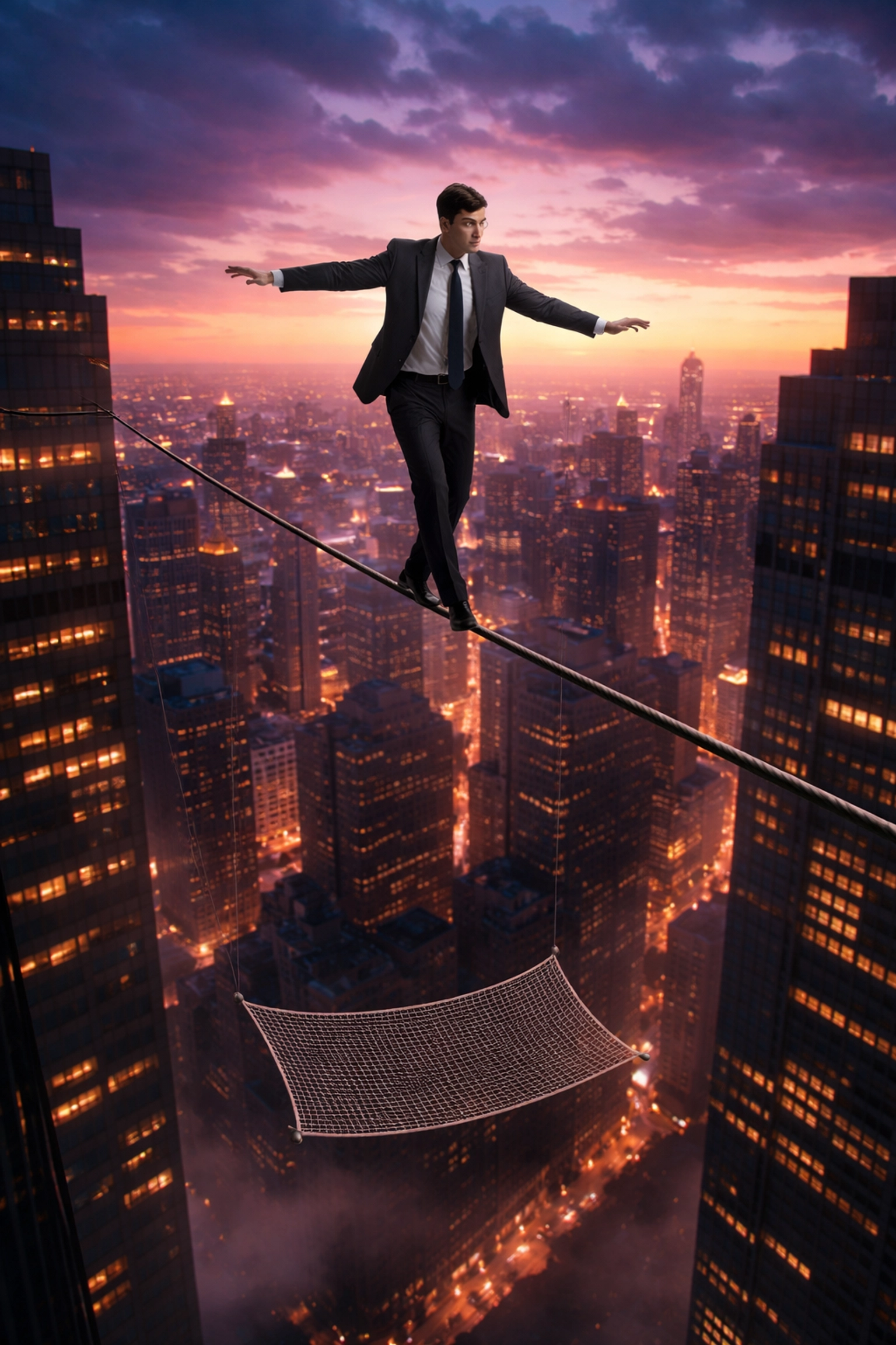 Businessperson on a tightrope between skyscrapers, showing private equity risk and reward balance