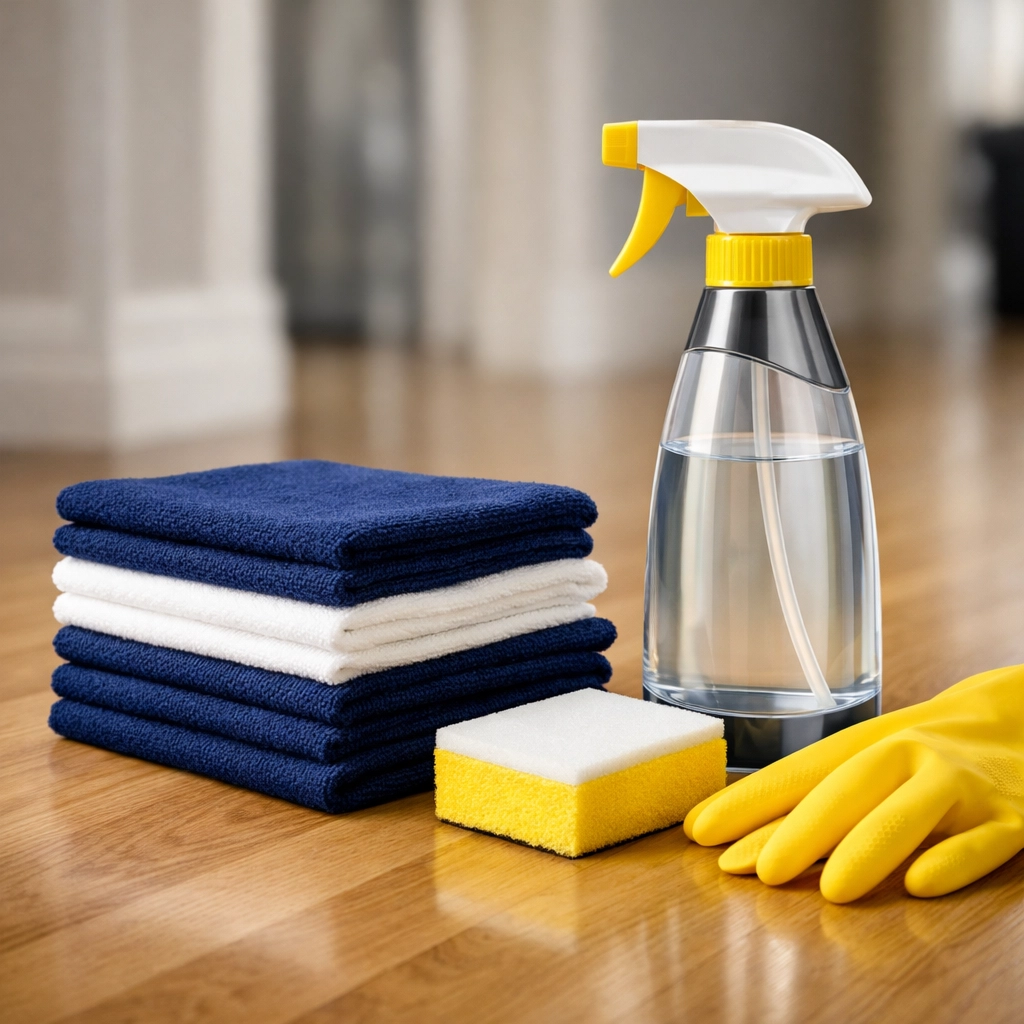 Professional house cleaning in Southborough, MA supplies including microfiber cloths and spray bottle.