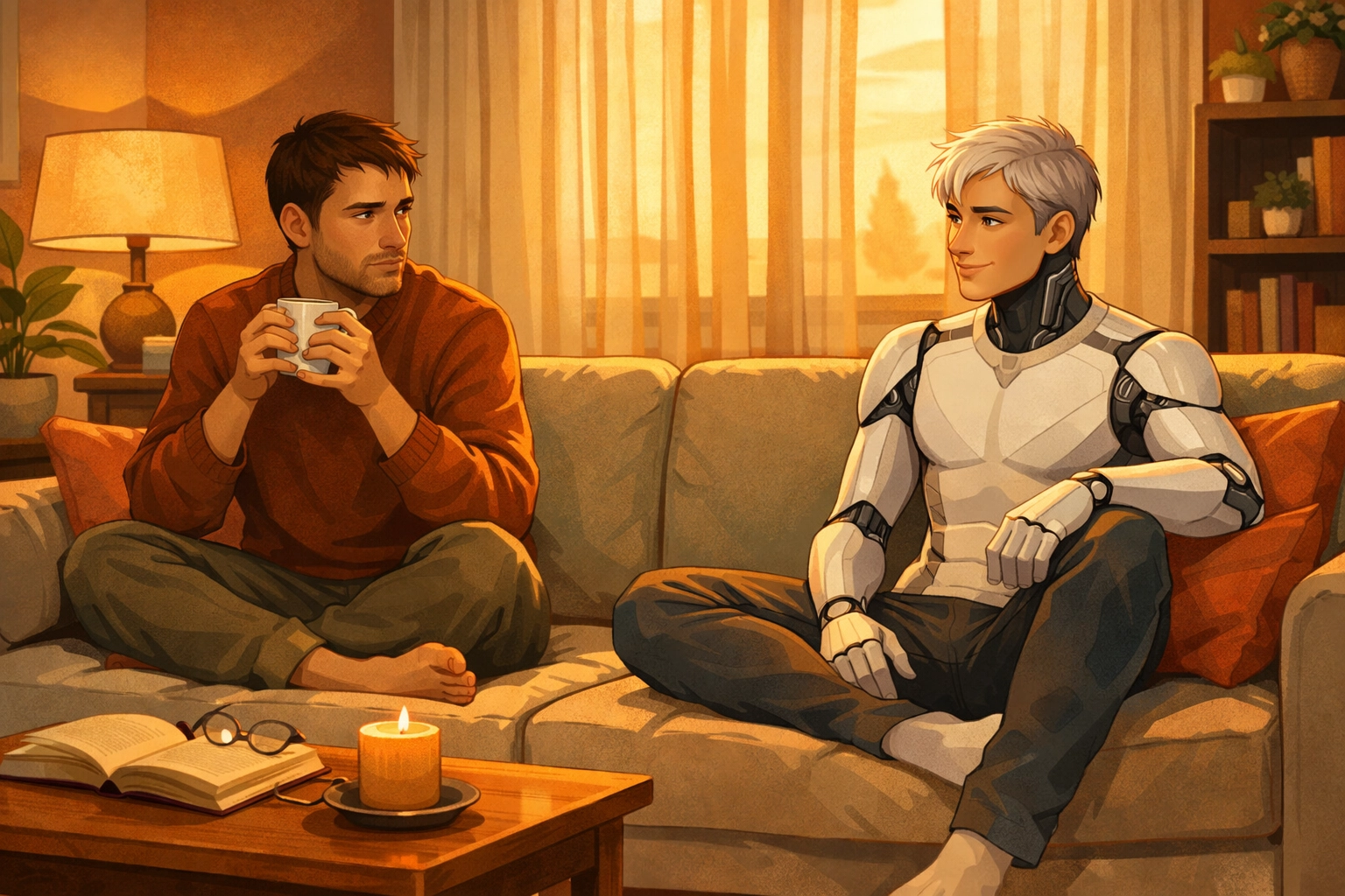 Gay man with AI companion on couch, exploring future LGBTQ+ relationships and digital intimacy