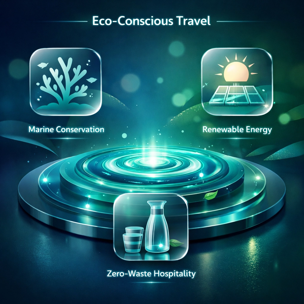 Sustainability infographic showing marine conservation and eco-friendly features at Maldives luxury resorts.