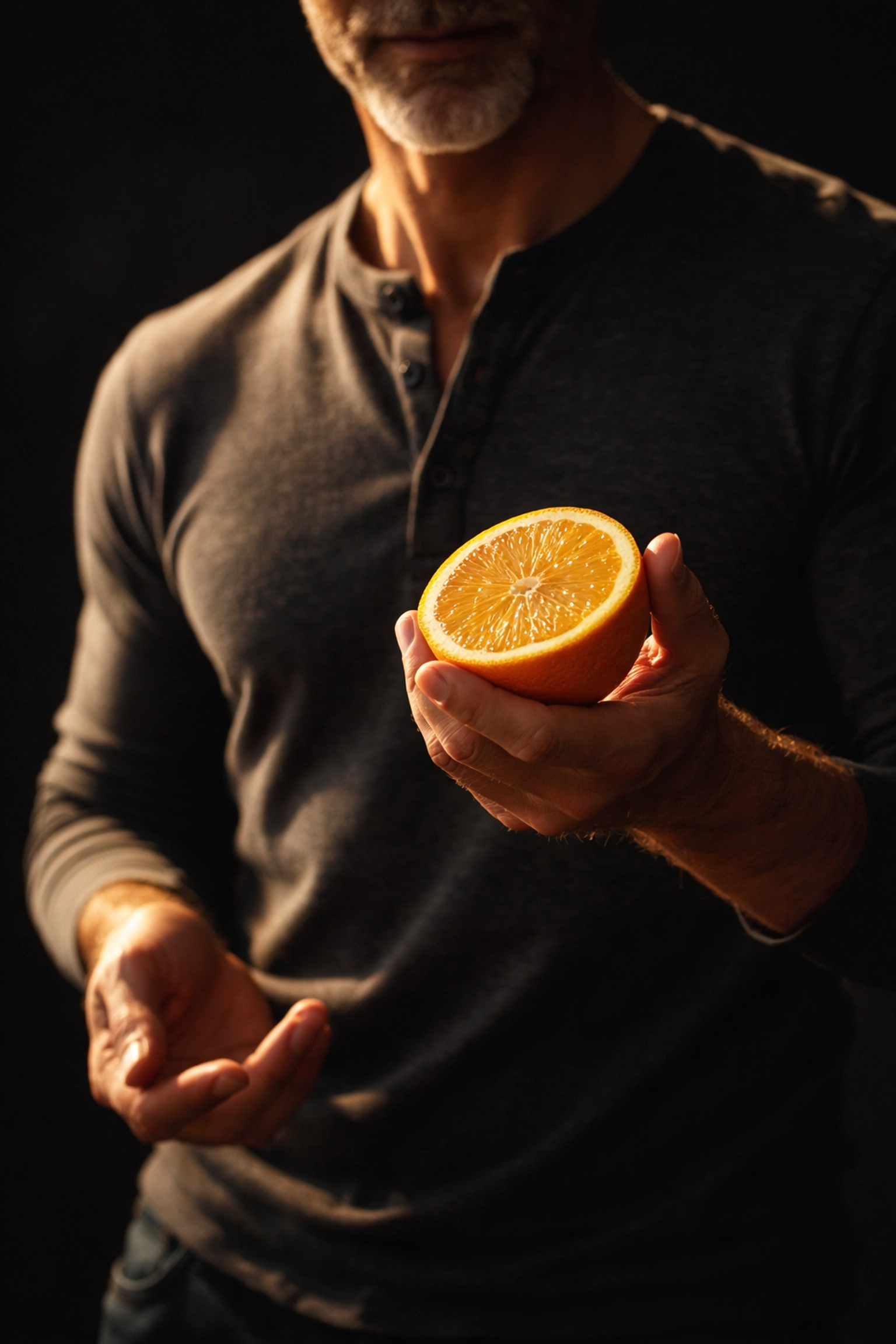 Middle-aged man confidently holding an orange, symbolizing natural support for vitality and erectile health.