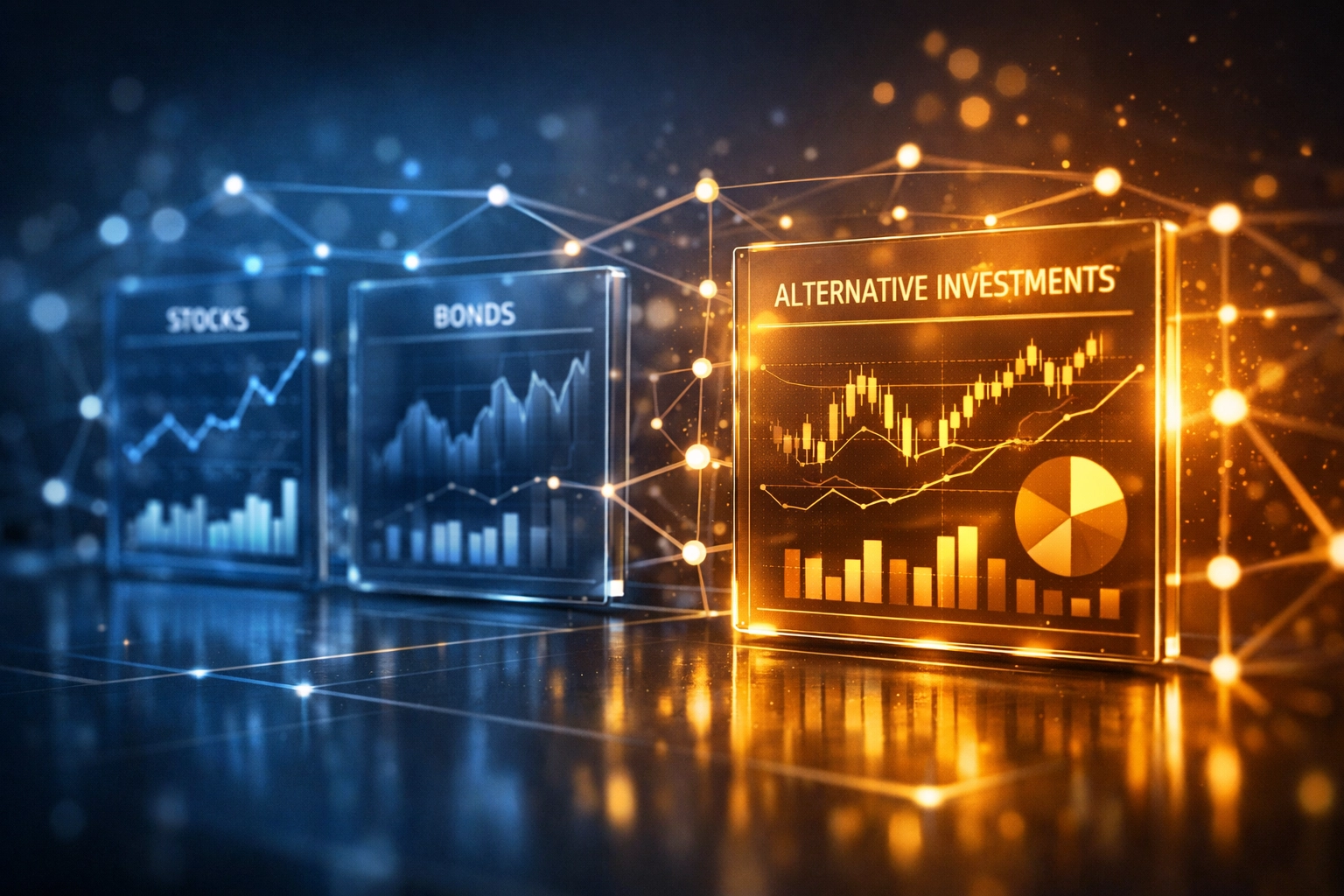 Financial dashboard displaying stocks, bonds, real estate, and alternative investment asset classes