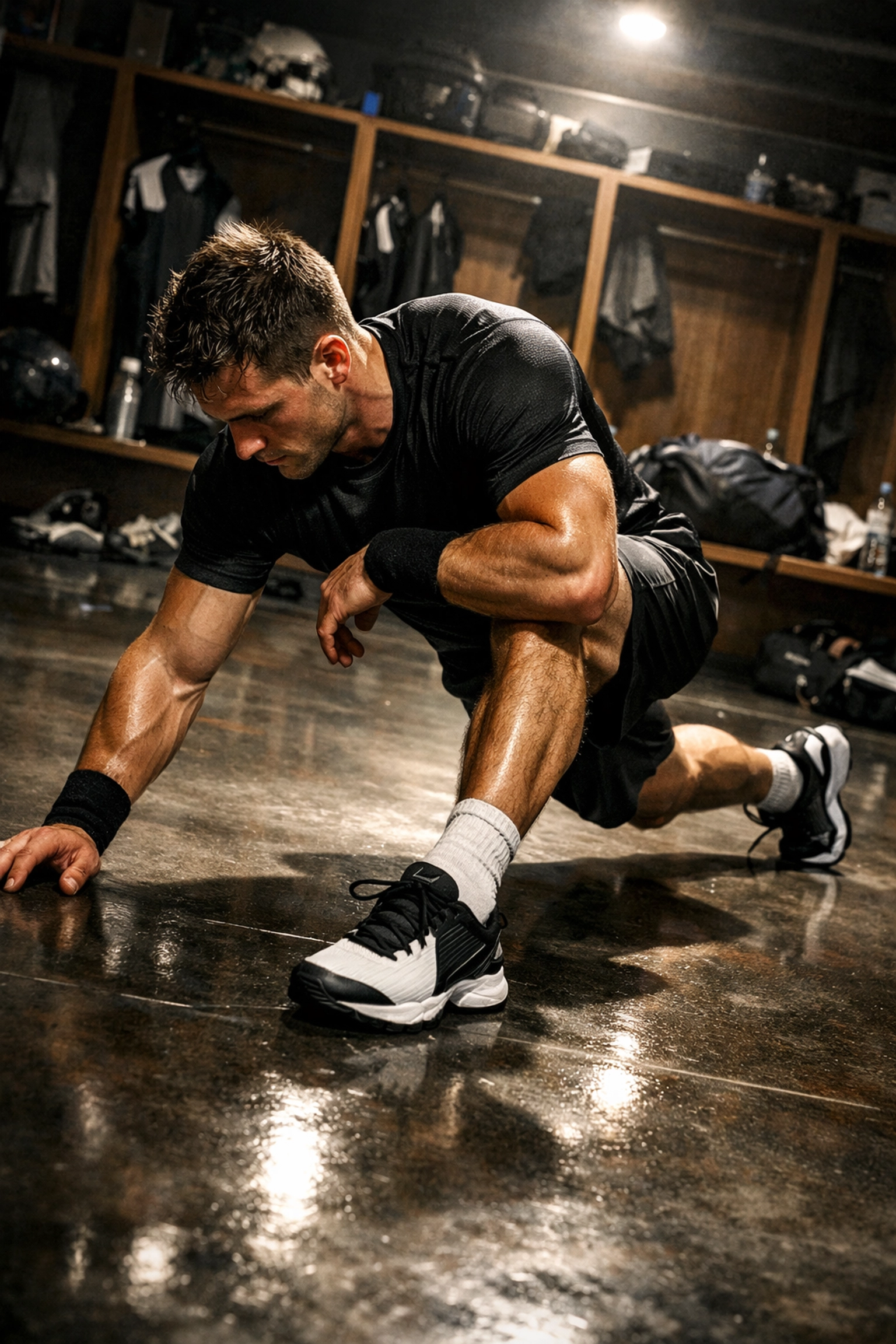 Athlete performing pre-game warm-up routine in locker room before competition