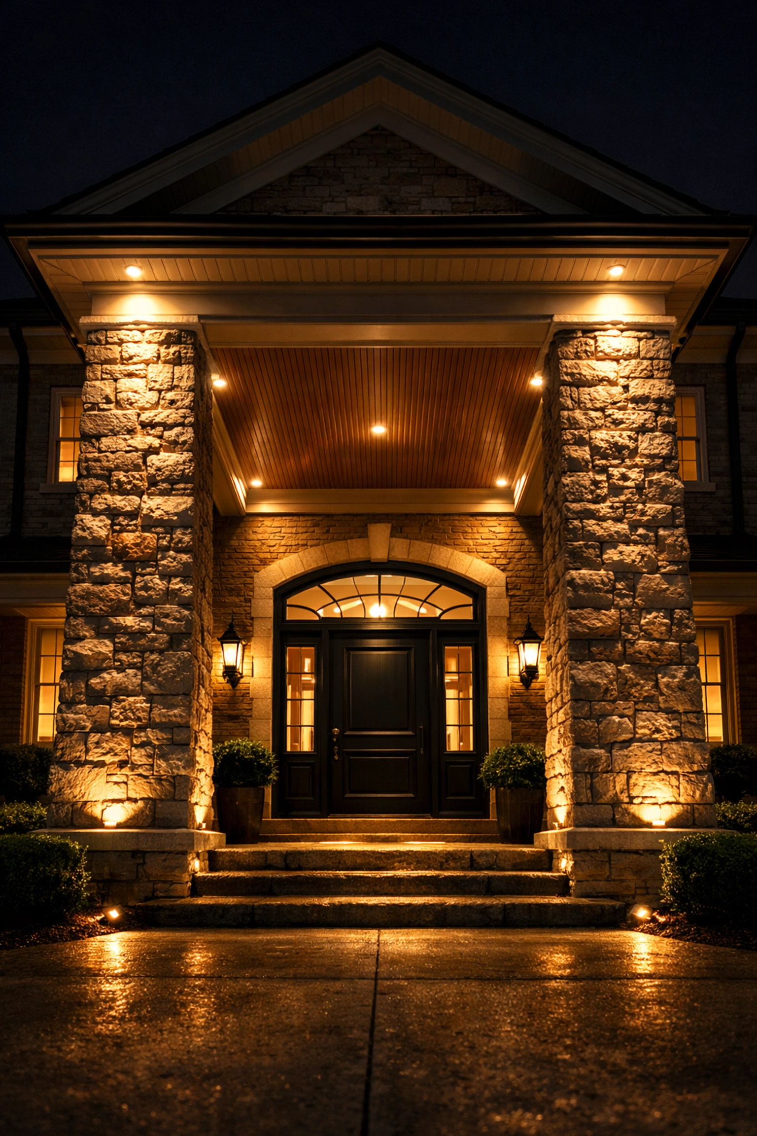 Stone entrance columns with soffit lighting creating dramatic downward glow at Midway estate entrance