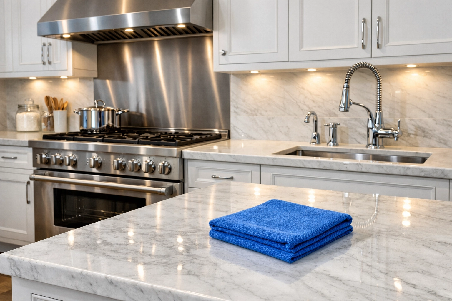 A deep-cleaned kitchen with sparkling marble countertops and stainless steel appliances.