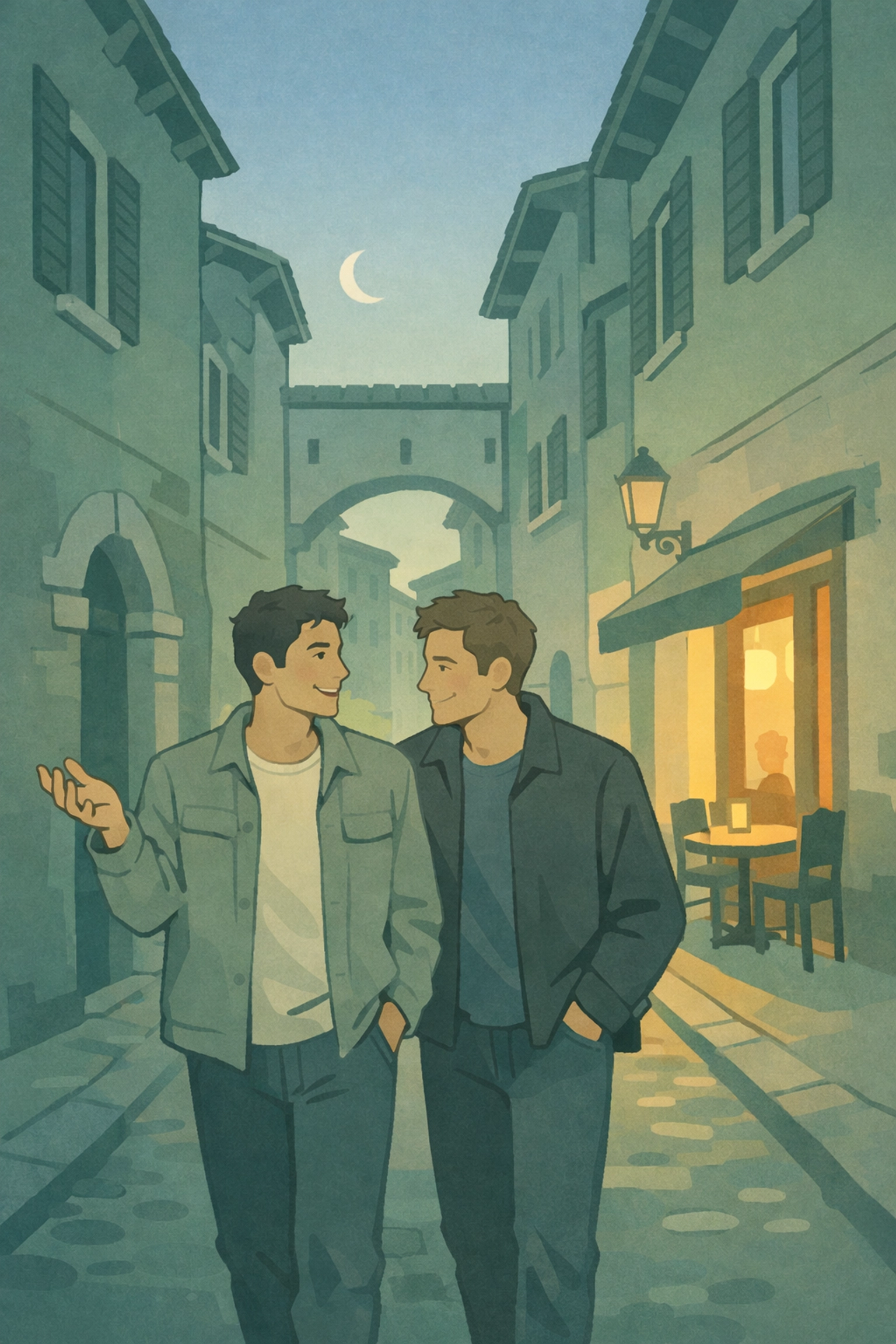 Gay couple explores romantic medieval streets of Verona at twilight