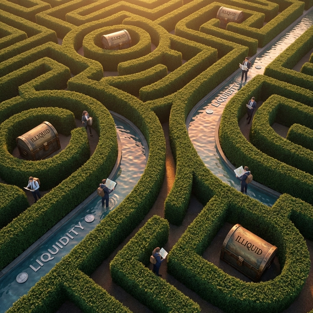 Aerial view of a hedge maze with treasure chests and flowing water, symbolizing liquidity management in investment portfolios.