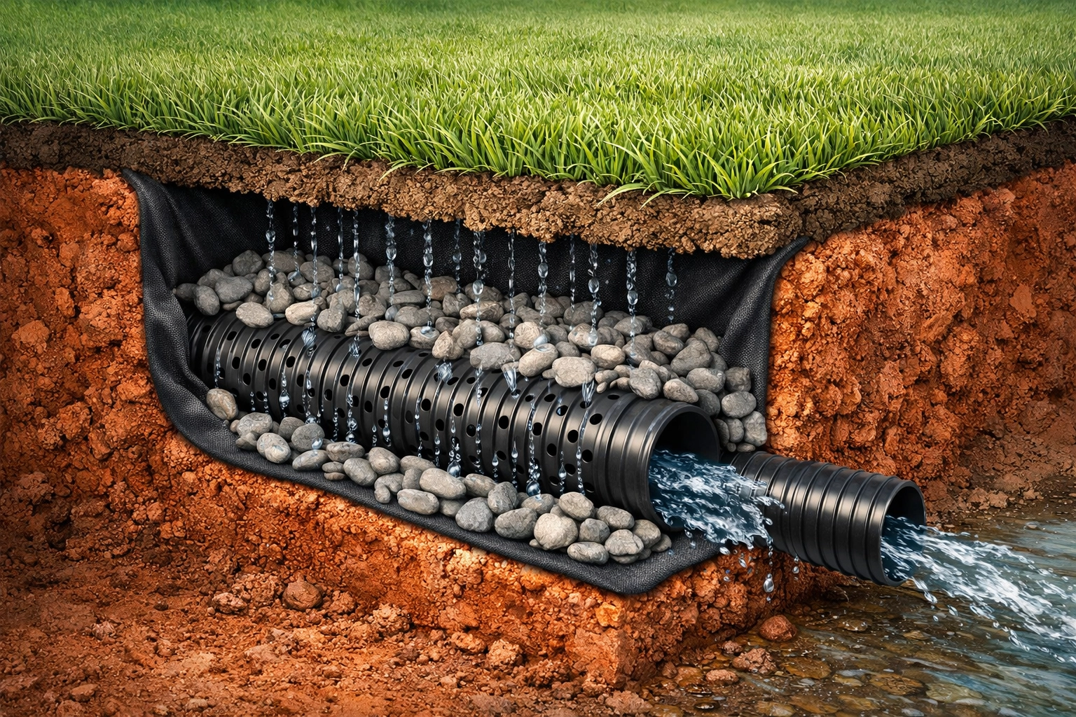 Cross-section of a French drain installation with gravel and pipe in Chattanooga red clay soil.