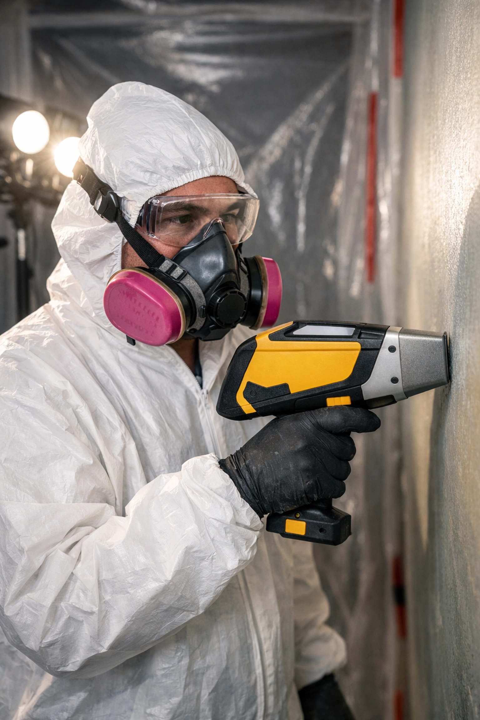 Lead abatement technician testing for lead paint with XRF device
