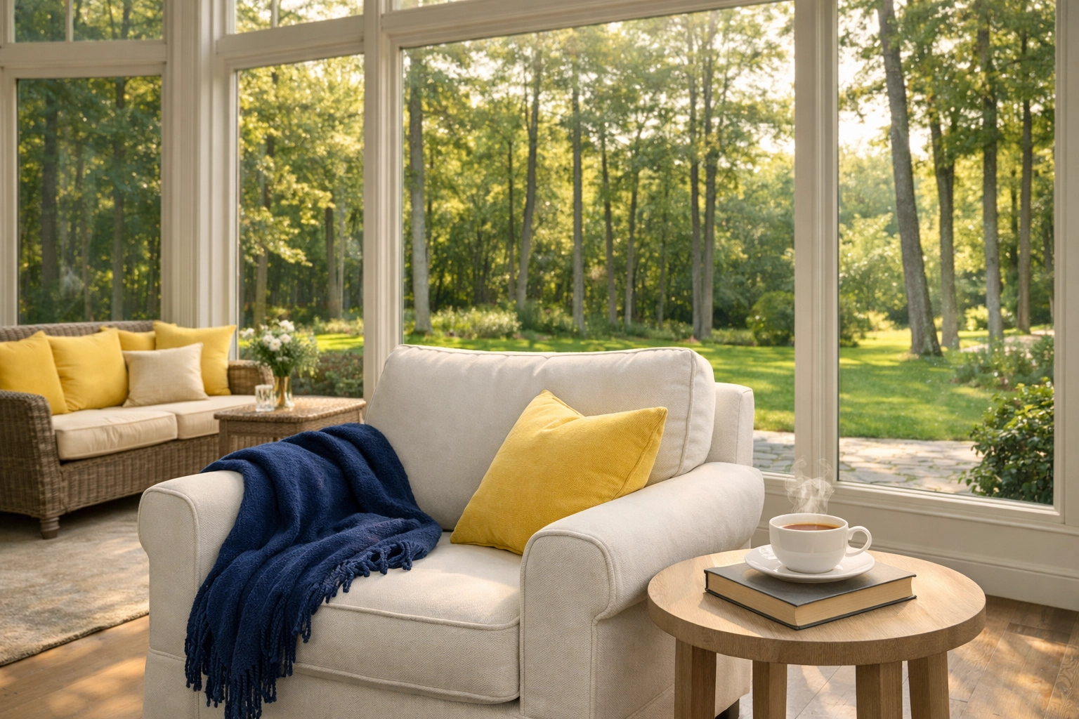 Relaxing clean sunroom in a Concord estate overlooking a wooded landscape after professional home maintenance.