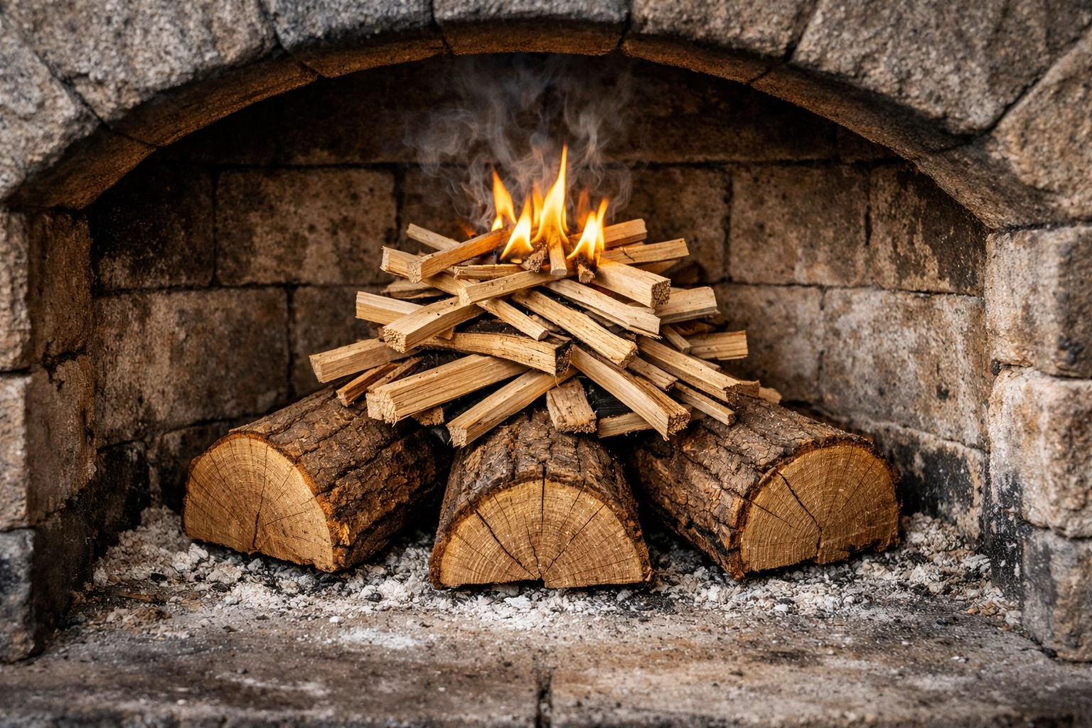 Starting a top-down fire with hardwood logs inside a stone wood fired pizza oven for optimal heat.