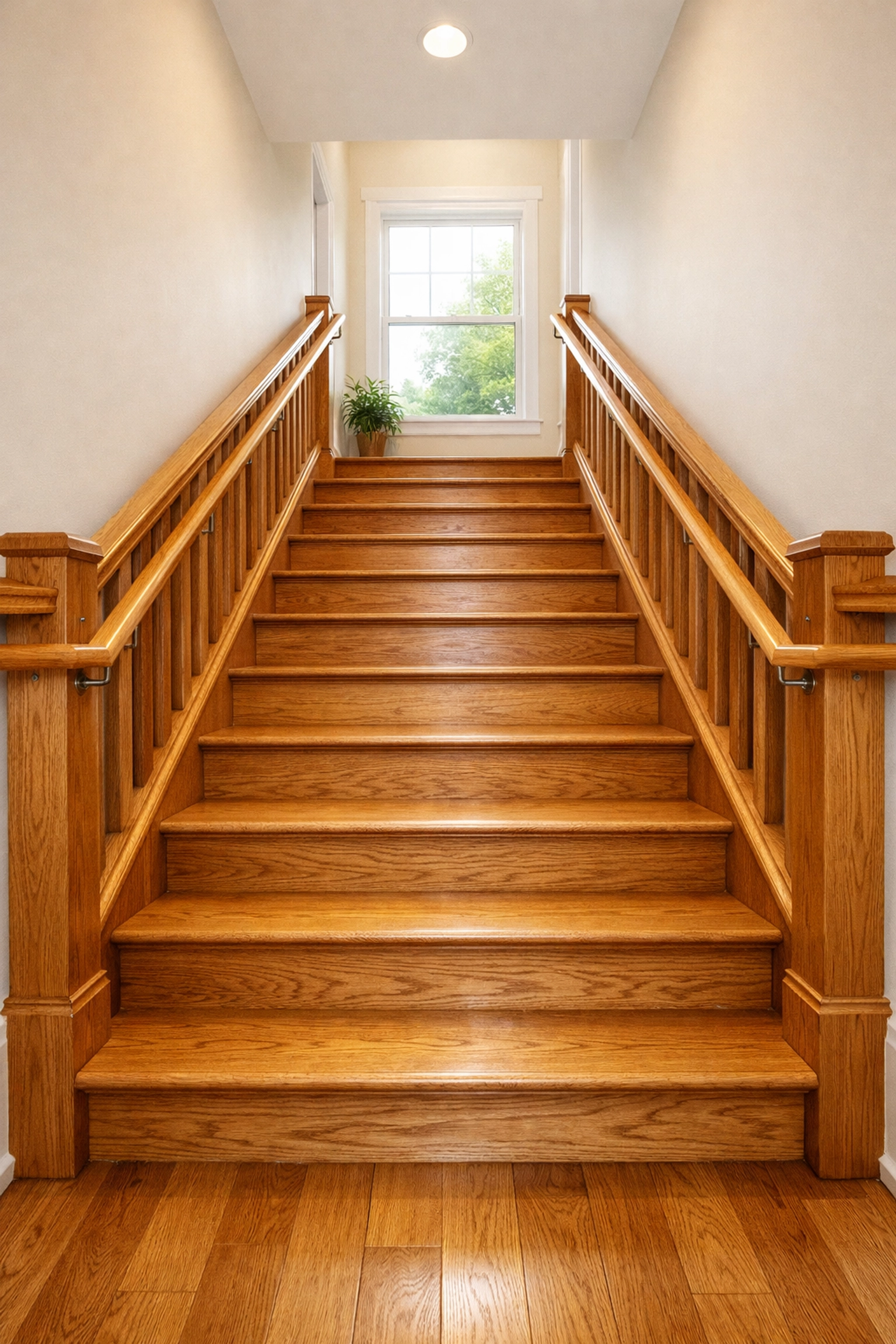 Brightly lit indoor staircase with sturdy double handrails to improve home safety and prevent falls.