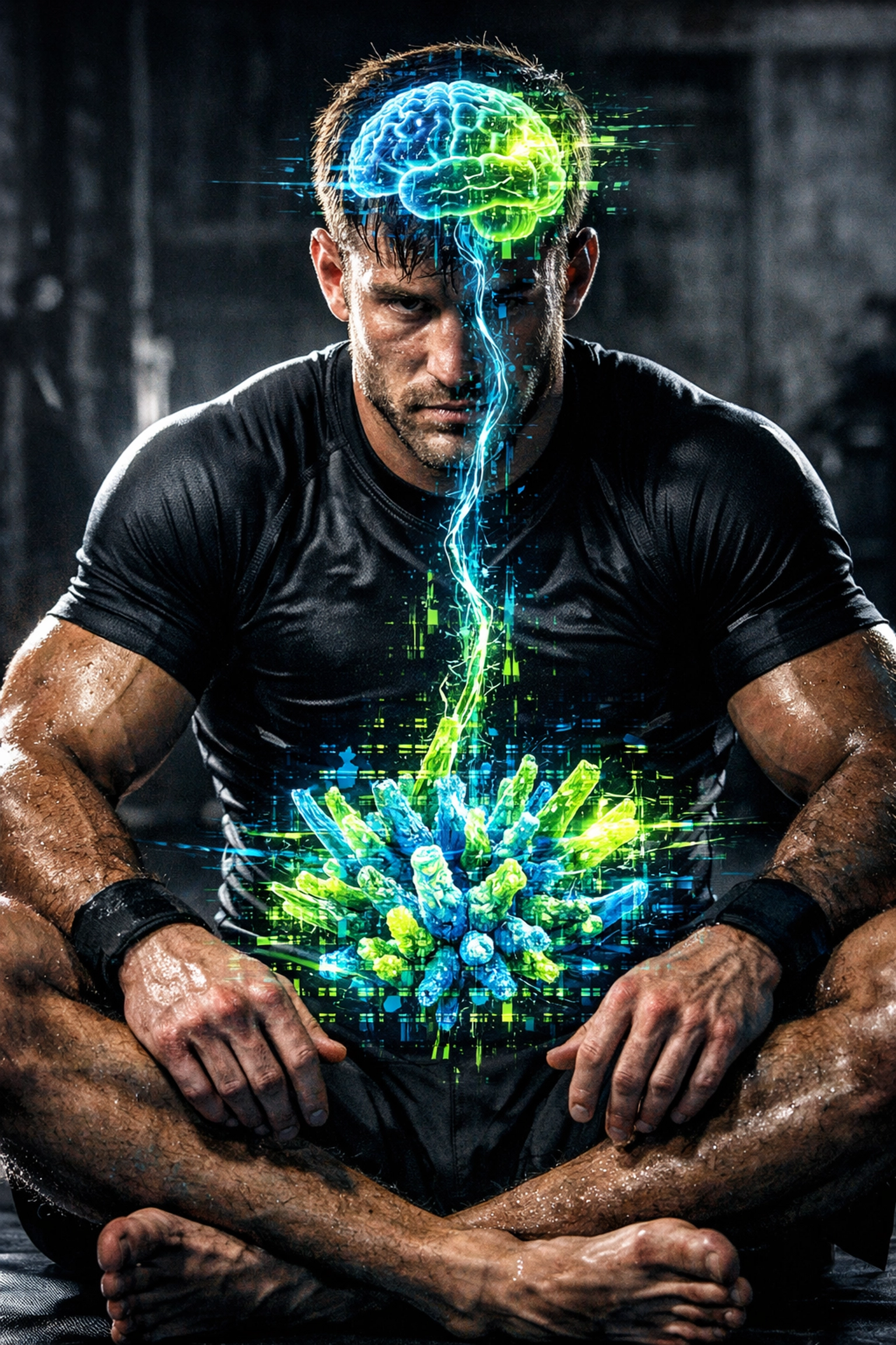 Jiu Jitsu athlete with a digital gut-brain axis overlay showing how gut health impacts mental focus and cravings.