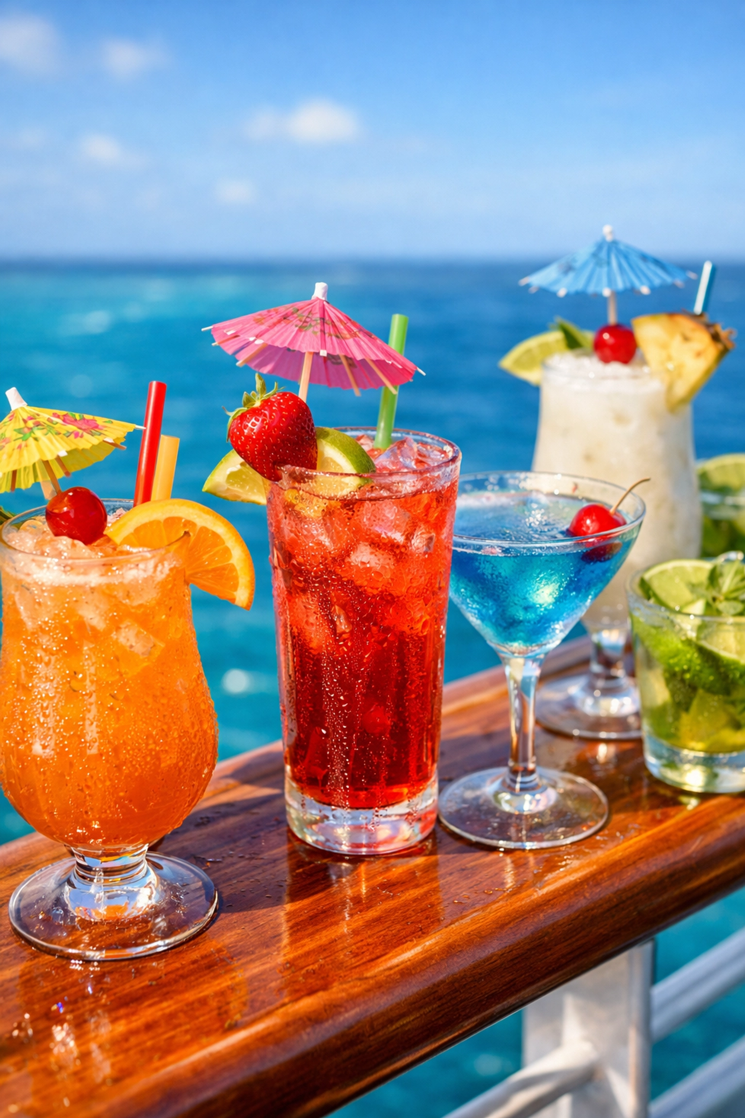 Tropical cocktails on cruise ship deck railing - illustrating cruise beverage package costs