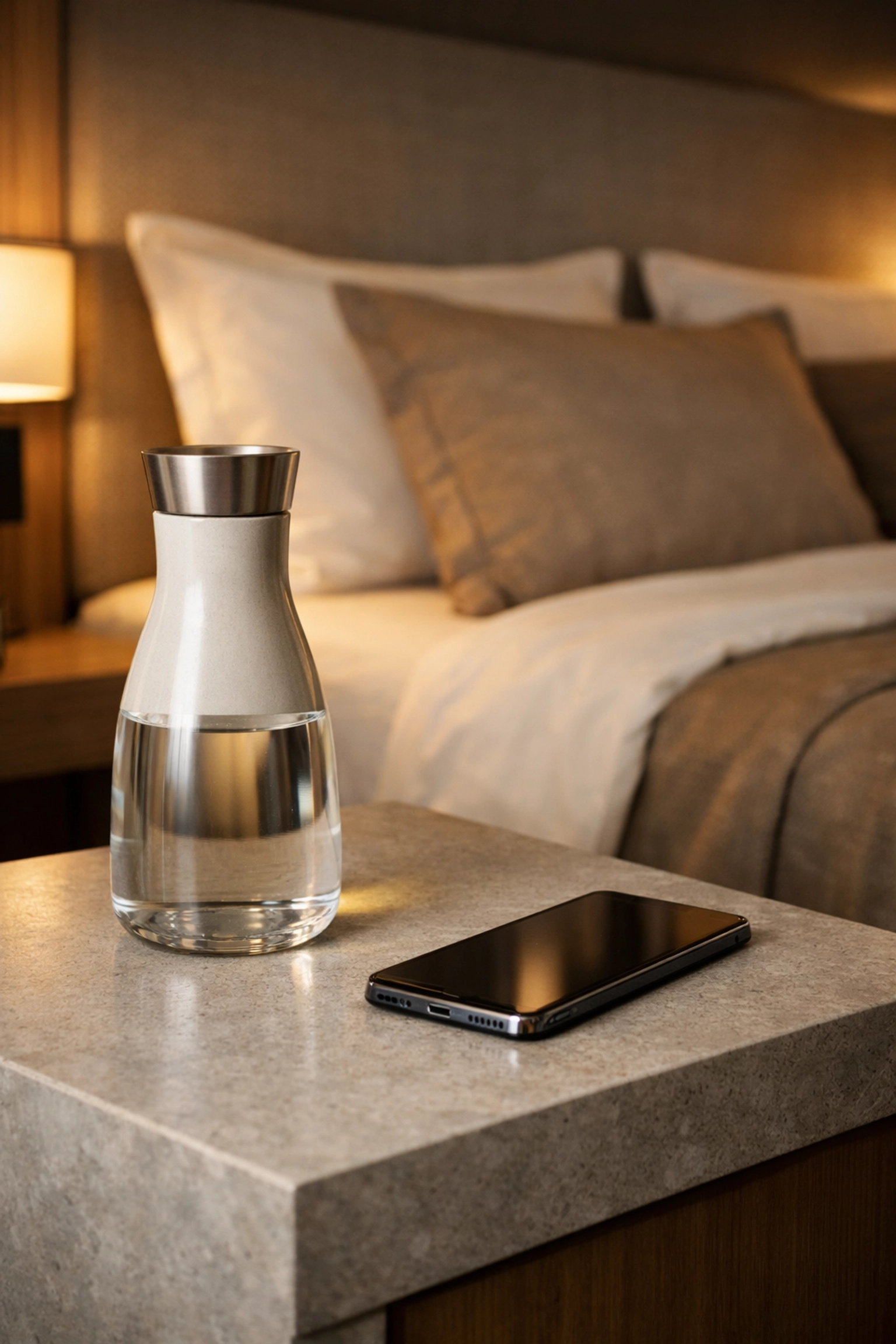 Smart hotel room technology on a minimalist nightstand showing personalized guest experience automation.