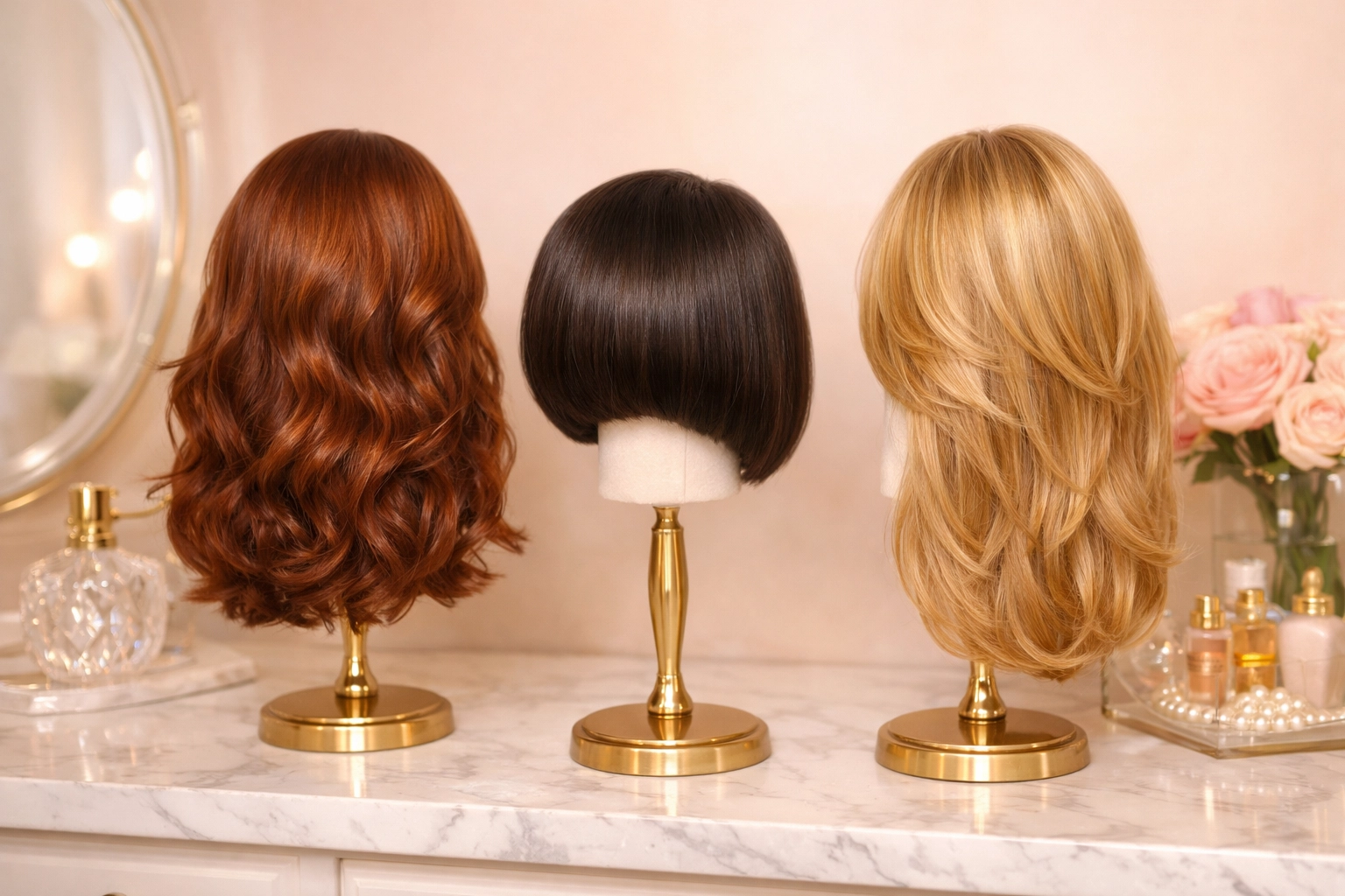 Stylish wigs on stands from The Wig Palace, showing how to store and rotate wigs in Chattanooga.