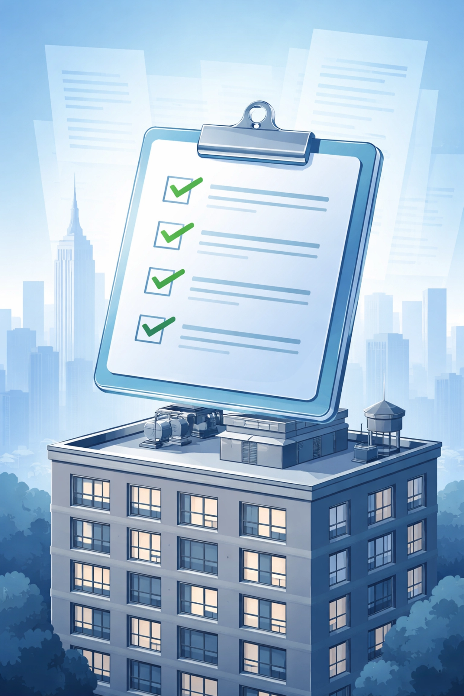 Checklist hovering above apartment building, representing compliance for rent-stabilized management in Queens