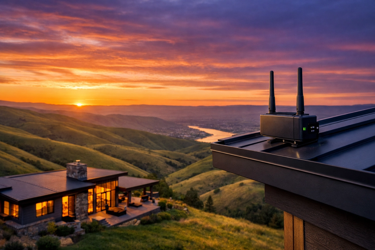 High-speed wireless internet receiver installed on a home in Asotin, WA, by Rodeo Networks for rural connectivity.