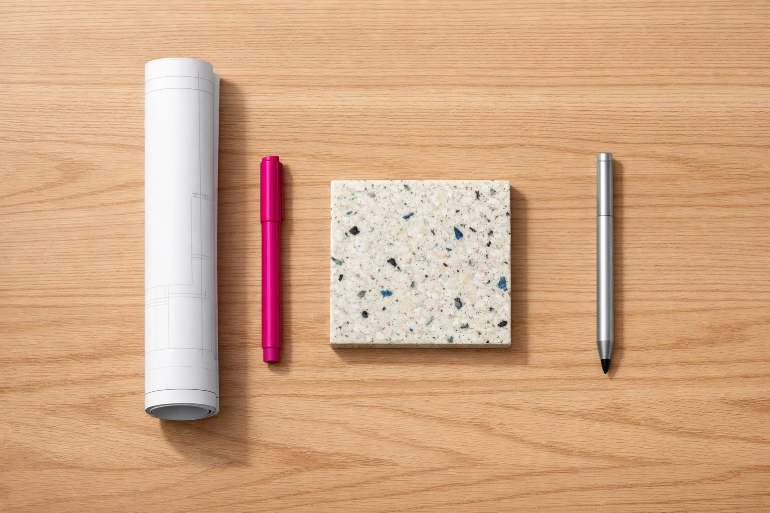 Architectural plans alongside a recycled plastic panel sample for sustainable construction project planning and design.