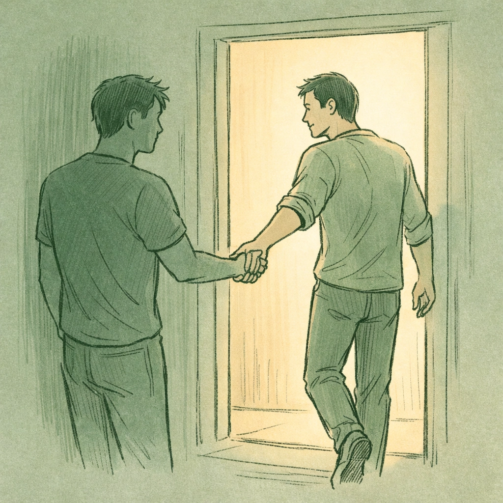 Gay couple crossing threshold together - finding courage in first-time MM romance