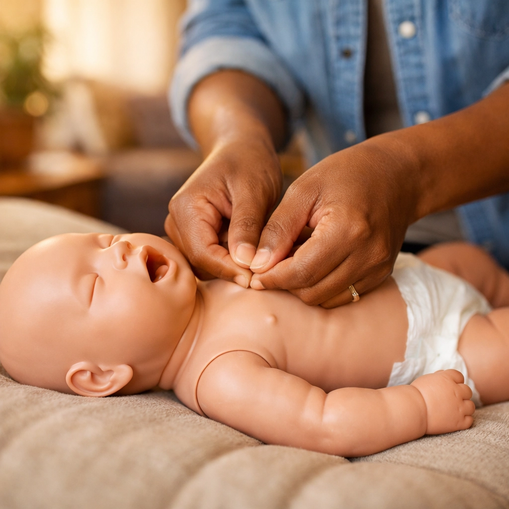 Parent practicing infant CPR using the two-thumb technique on a mannequin for baby first aid safety at home.