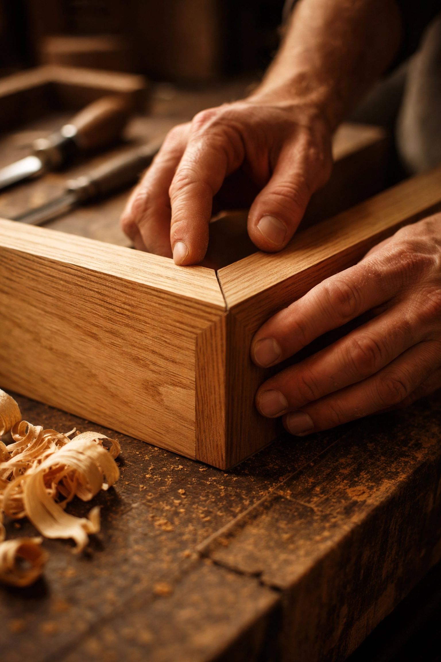 Detail of craftsman's hands fitting wood joinery on a custom cabinet, illustrating skilled craftsmanship and durable materials