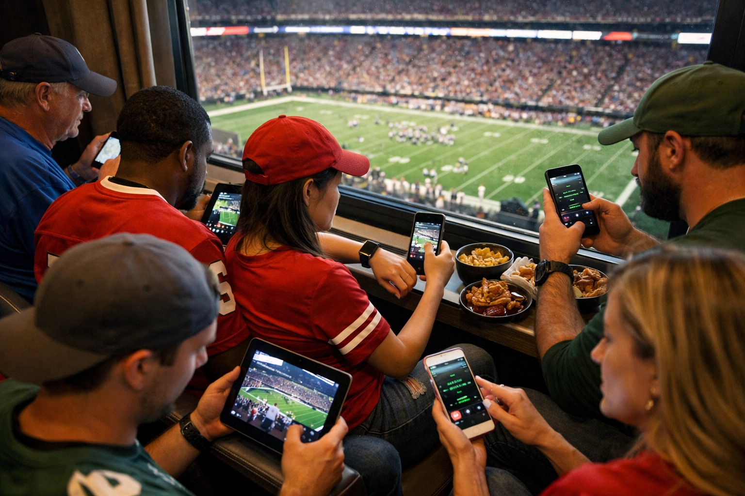 Sports fans engaging with mobile devices during live game showing multi-touchpoint fan behavior data collection