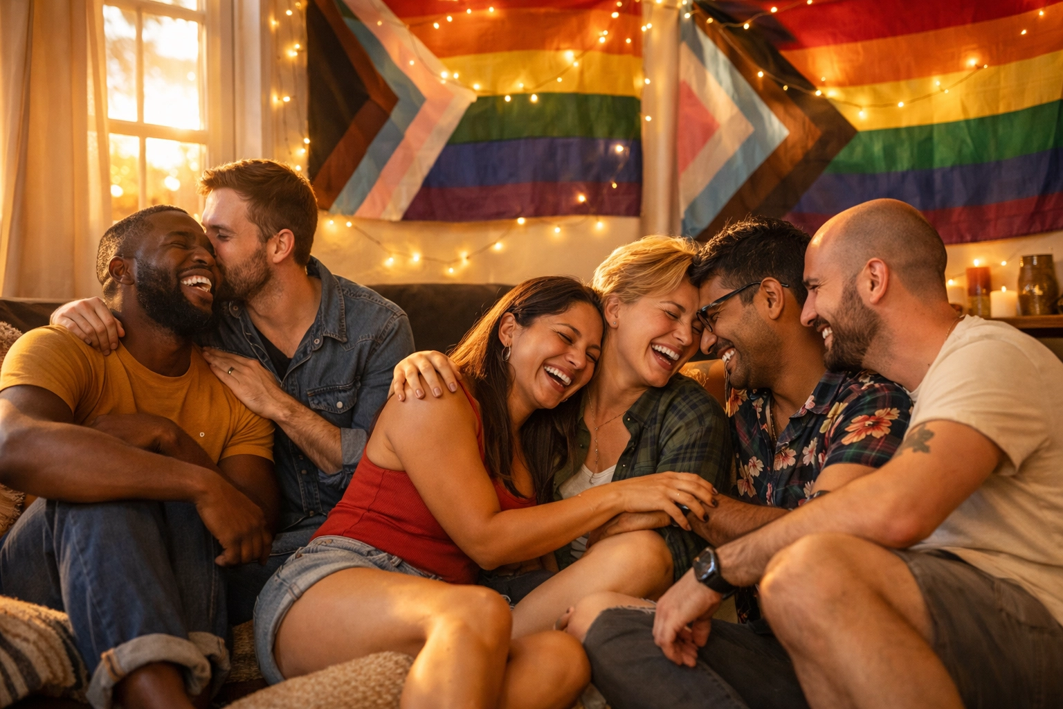 Diverse LGBTQ+ chosen family celebrating together with pride flags in cozy living room setting